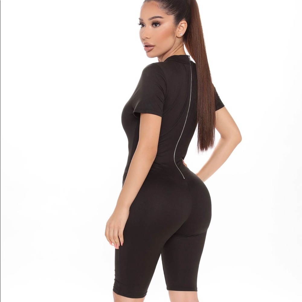 Biker Short Romper-Black. Gold detail zipper.Large